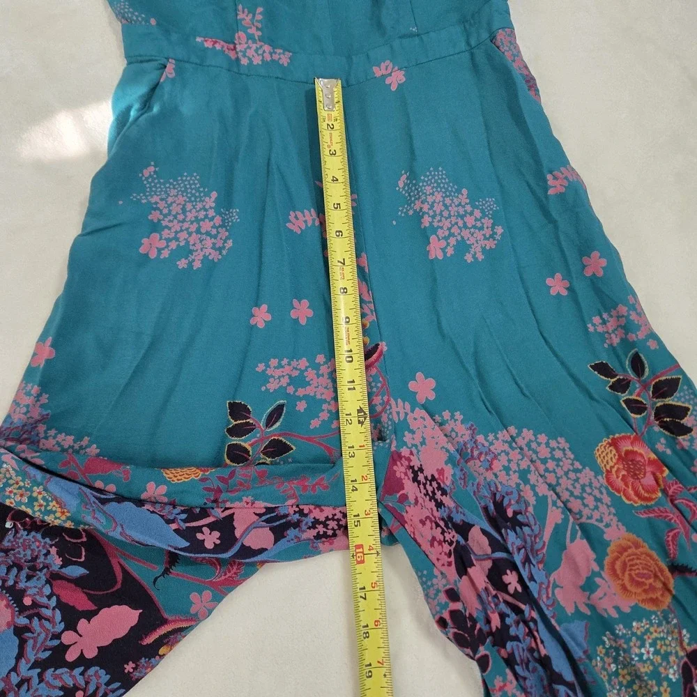 Anthropologie Maeve Floral Wide Leg Jumpsuit Teal Blue Sleeveless Sz 12 Boho